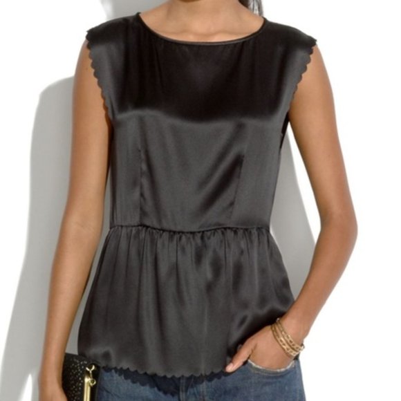 Madewell Tops - Madewell 100% Silk Top Sleeveless Scalloped Edge Zip Back Black Tank Blouse Sz M